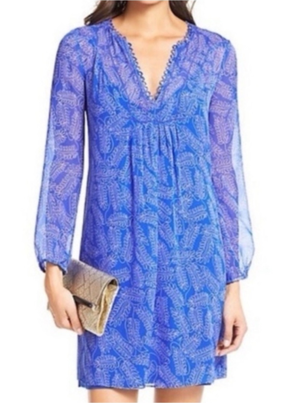 Diane Von Furstenberg Silk Signed Royal Blue Printed V-Neck Long Sleeve Dress